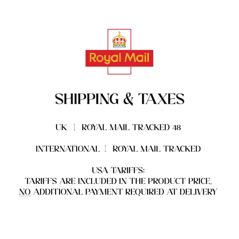 May include: The Royal Mail logo, a red rectangle with a gold crown, is at the top of the image. Below, the text reads "SHIPPING & TAXES." Further text details shipping options, including "ROYAL MAIL TRACKED 48" and "ROYAL MAIL TRACKED."