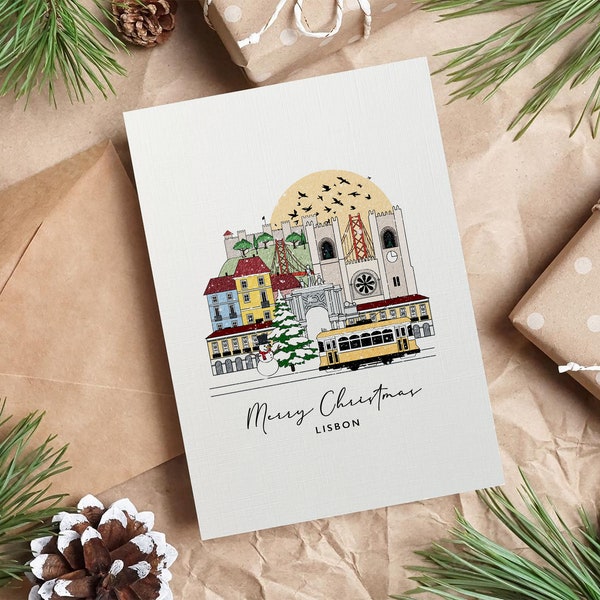 Lisbon Personalised Christmas Card Greeting Card Illustrated Card Portugal Holiday Card Travel Card