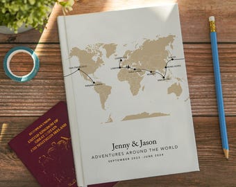 Diario di viaggio con mappa del mondo personalizzata, quaderno personalizzato, lista dei desideri, pianificatore di viaggi, libro di avventure