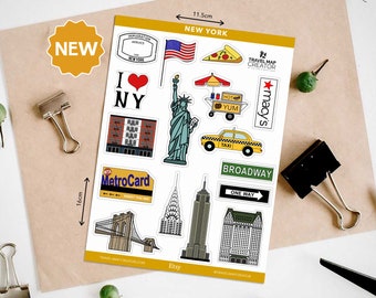 New York, USA | Vinyl Sticker Sheet Travel Journal Sticker NYC Bucket List Scrapbook Brooklyn Planner Sticker Illustrated Travel Gift