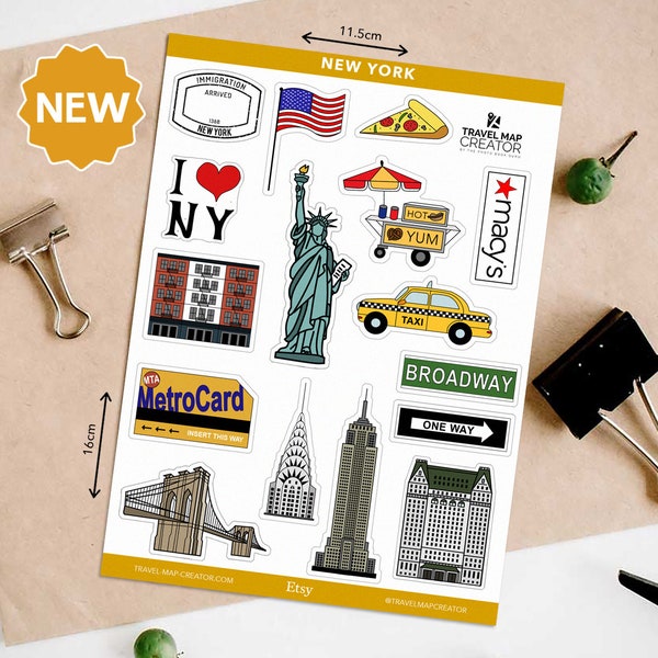 New York, USA | Vinyl Sticker Sheet Travel Journal Sticker NYC Bucket List Scrapbook Brooklyn Planner Sticker Illustrated Travel Gift