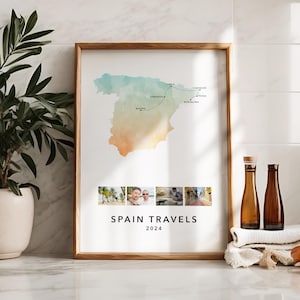 Impression personnalisée de carte de voyage d'Espagne avec collage de photos, affiche de carte personnalisée, impression d'Espagne, cadeau de lune de miel de fiançailles