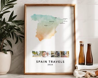 Spain Personalised Travel Map Print with Photo Collage Custom Map Poster Spain Print Engagement Honeymoon Gift