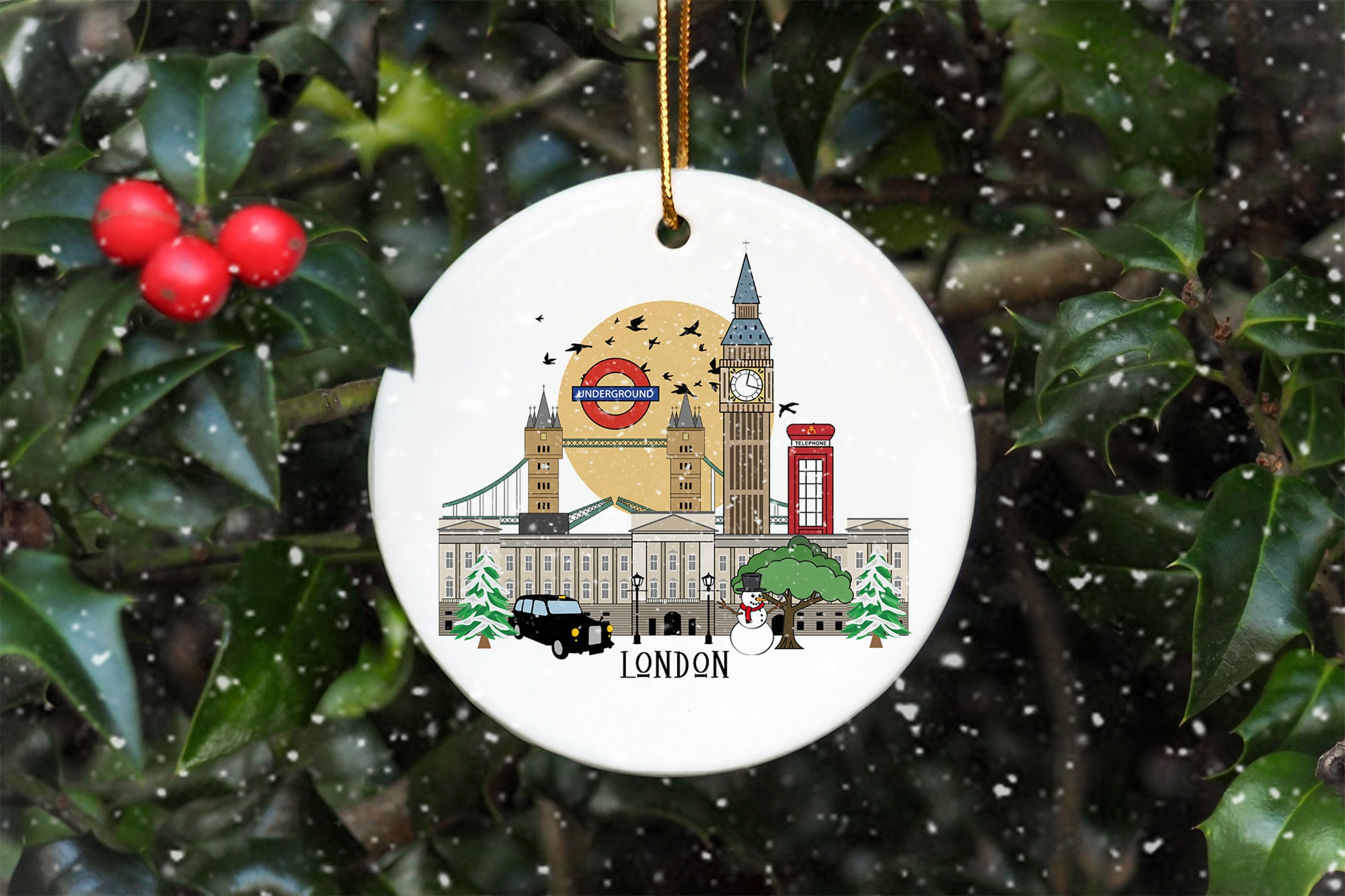 Discover London England - Illustrated Landmarks Christmas Tree Ceramic Ornament