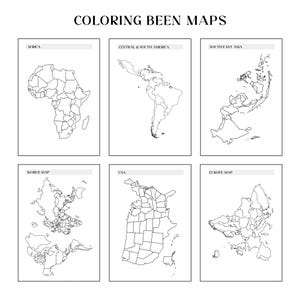 May include: A set of six black and white coloring maps, including Africa, Central & South America, Southeast Asia, World Map, USA, and Europe. The title "COLORING BEEN MAPS" is at the top.