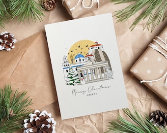 Greece Personalised Christmas Card Greeting Card Illustrated Card Greece Holiday Card Travel Card