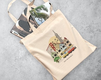 San Francisco, California Personalised Tote Bag Reusable Eco Bag Polyester Shoulder Bag City Bag Souvenir Bag Illustrated Bag