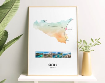 Sicily Italy Personalised Travel Map Print with Photo Collage Wall Decor Home Poster Sicily Print Engagement Gift Custom Map Custom Print