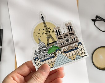 Paris France | Die Cut Sticker Waterproof Vinyl Journal Planner Travel Notebook Scrapbook Self Adhesive Wanderlust Illustrated Eiffel Tower