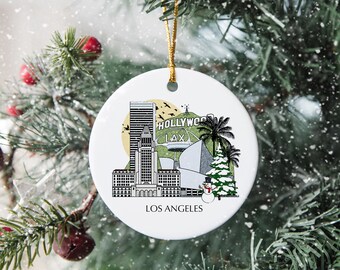 Los Angeles, California, albero di Natale personalizzato, ornamento in ceramica, decorazione, regalo, pallina di Natale, decorazione festiva, disco per la casa, vacanza personalizzata