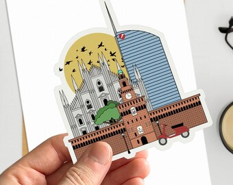 May include: A sticker featuring a stylized illustration of Milan, Italy. The design includes the Duomo, a modern skyscraper, and Sforza Castle, with a red scooter. A yellow sun and birds are in the background.