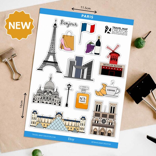 Paris France Vinyl Sticker Sheet Journal Planner Travel Notebook Scrapbook Self Adhesive Sticker Wanderlust Illustrated Eiffel Tower