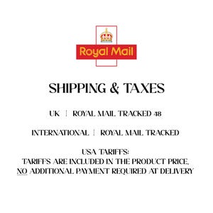 May include: The Royal Mail logo, a red rectangle with a gold crown, is at the top of the image. Below, the text reads "SHIPPING & TAXES." Further text details shipping options, including "ROYAL MAIL TRACKED 48" and "ROYAL MAIL TRACKED."
