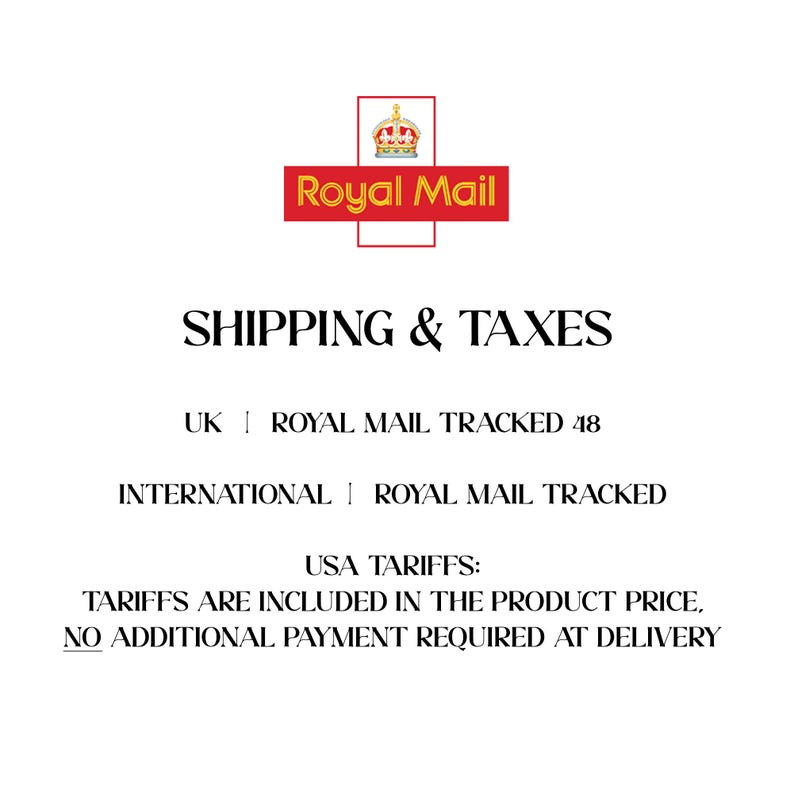 May include: The Royal Mail logo, a red rectangle with a gold crown, is at the top of the image. Below, the text reads "SHIPPING & TAXES." Further text details shipping options, including "ROYAL MAIL TRACKED 48" and "ROYAL MAIL TRACKED."