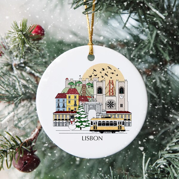 Lisbon Portugal Personalised Christmas Tree Ceramic Ornament Decoration Gift Present Festive Decor Souvenir Holiday Custom Xmas Bauble