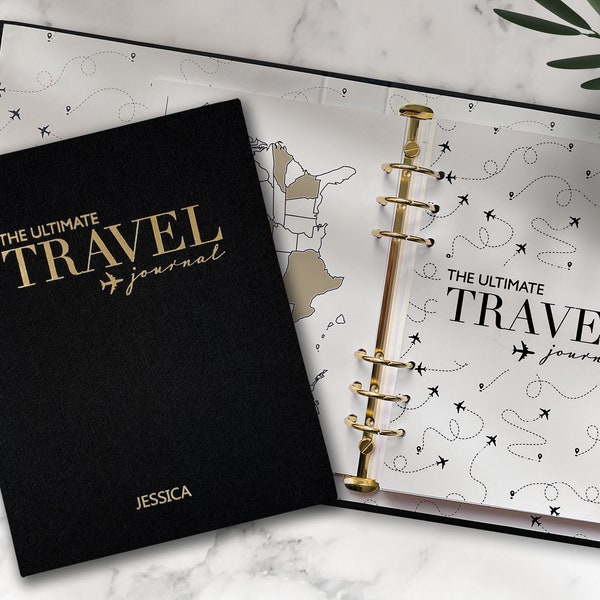 Ultimate Travel Journal Linen Black Binder - Personalised Travel Journal Notebook Travel Planner Organiser Gift Foiled Scrapbooking Custom