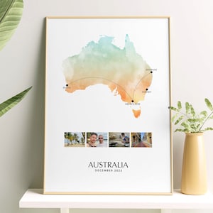 Australia Personalised Travel Map Print with Photo Collage Wall Decor Home Poster Print Engagement Gift Custom Map Custom Print