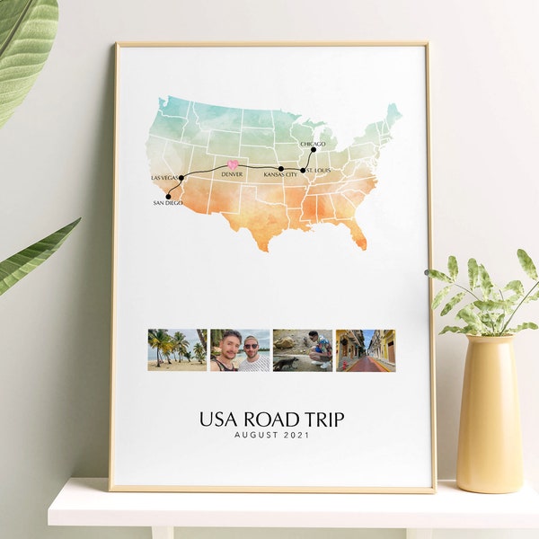 USA Personalised Travel Map Print with Photo Collage Wall Decor USA Travel Poster Road Trip Print Engagement Gift Custom USA Map Print