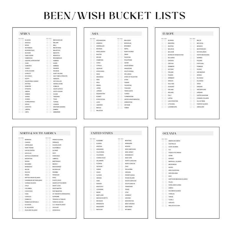 May include: A set of six white bucket list checklists, each with a different continent or region: Africa, Asia, Europe, North & South America, United States, and Oceania. The title "Been/Wish Bucket Lists" is at the top.