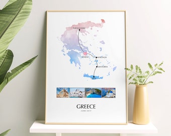 Greece Personalised Travel Map Print with Photo Collage Wall Decor Home Greece Poster Greece Print Engagement Gift Custom Map Custom Print