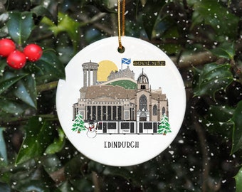 Edinburgh, Scotland - Illustrated City Landmarks Christmas Tree Ceramic Ornament Decoration Gift Present Festive Decor home Disc Holiday