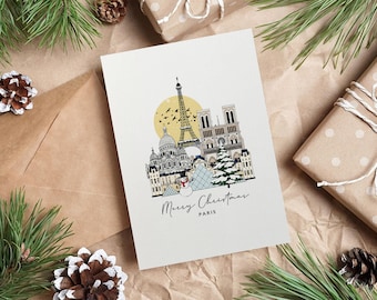 Biglietto di auguri di Natale personalizzato per Parigi, biglietto illustrato, biglietto di auguri per la Francia, biglietto da viaggio