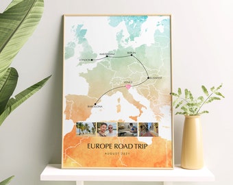 Europe Personalised Travel Map Print with Photo Collage Wall Decor Home Poster Engagement Gift Custom Map Custom Print Eurotrip
