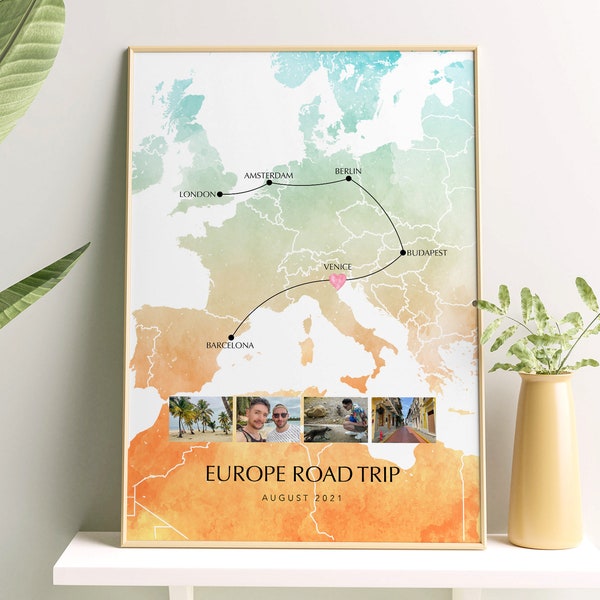 Europe Personalised Travel Map Print with Photo Collage Wall Decor Home Poster Engagement Gift Custom Map Custom Print Eurotrip