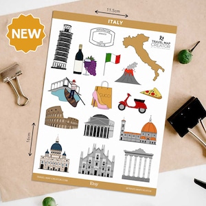 Italy | Vinyl Sticker Sheet Journal Planner Travel Notebook Scrapbook Self Adhesive Map Stamp Wanderlust Illustrated Venice Rome Milan