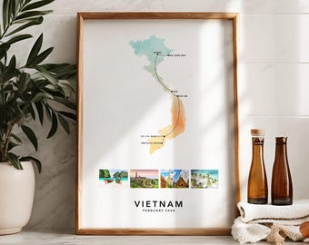 Vietnam Personalised Travel Map Print with Photo Collage Custom Map Poster Print Engagement Honeymoon Gift