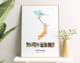 Vietnam Personalised Travel Map Print with Photo Collage Wall Decor Vietnam Poster Vietnam Print Engagement Gift Custom Vietnam Map Print