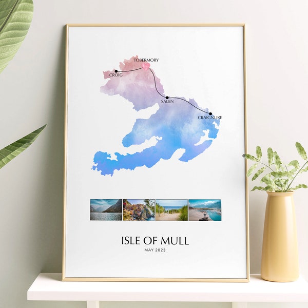 Isle of Mull Scotland Personalised Travel Map Poster with Photo Collage Wall Decor Mull Poster Mull Print Engagement Gift Custom Map