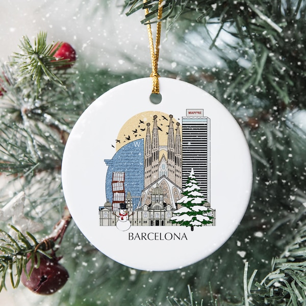 Adorno de árbol de Navidad personalizado de Barcelona, España, adorno de cerámica, regalo de decoración, recuerdo festivo, recuerdo de vacaciones en España