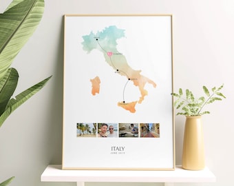 Italy Personalised Travel Map Print with Photo Collage Wall Decor Home Italy Poster Print Engagement Gift Custom Map Custom Print