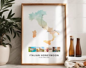 Italy Personalised Travel Map Print with Photo Collage Custom Map Poster Any Country Travel Map Engagement Honeymoon Map