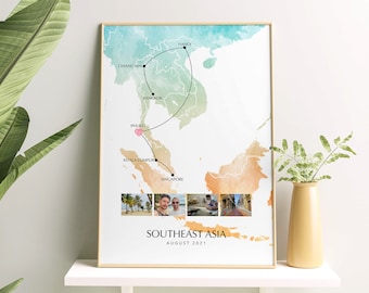 Southeast Asia Personalised Travel Map Print with Photo Collage Wall Decor Home Poster Engagement Gift Custom Map Custom Print