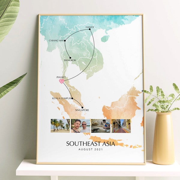 Carte de voyage personnalisée en Asie du Sud-Est avec Collage de photos Décoration murale Affiche de maison Cadeau de fiançailles Carte personnalisée Impression personnalisée