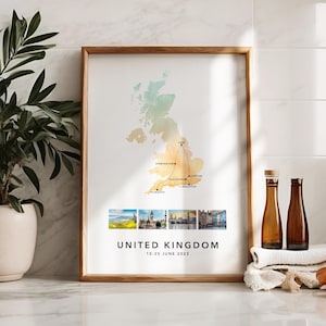 Großbritannien Personalisierte Reise Karte Druck mit Fotocollage Benutzerdefinierte Karte Poster UK Druck Verlobung Flitterwochen Geschenk