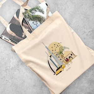 Dubai, UAE Emirates | Personalised Tote Bag Reusable Eco Bag Polyester Shoulder Bag City Bag Souvenir Bag Illustrated Bag