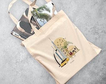 Dubai, UAE Emirates | Personalised Tote Bag Reusable Eco Bag Polyester Shoulder Bag City Bag Souvenir Bag Illustrated Bag