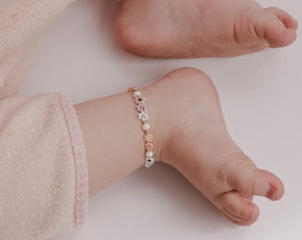 Tobillera con cuentas de flores para niña, tobilleras de arcoíris pastel para mamá y yo, tobillera vintage delicada y colorida con perlas de agua dulce para niña pequeña