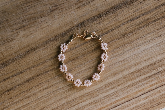 Flower baby bracelet dainty pink gold beaded durable bracelets baby and adult vintage beaded flowers