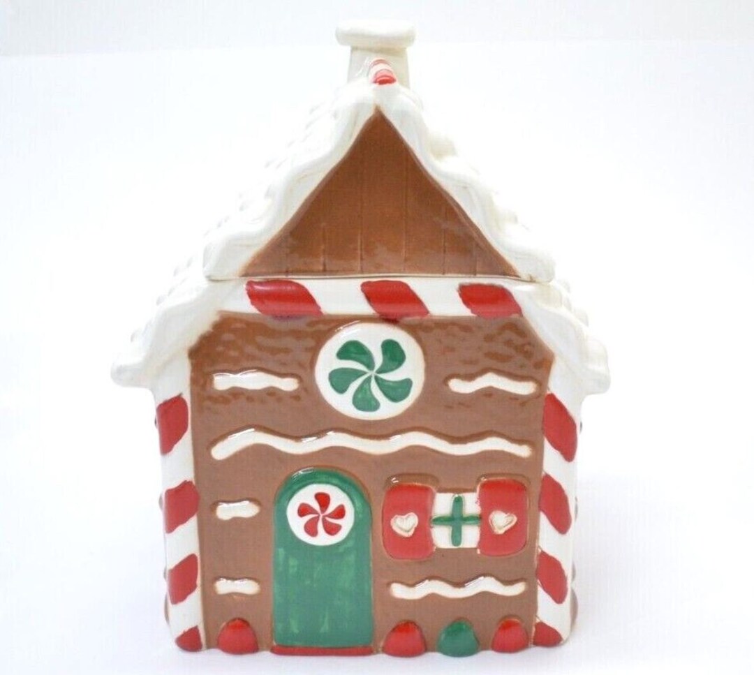 Vintage Gingerbread House Cookie Treat Jar Ceramic Kitchen Collectible