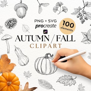100 Autumn Fall PNG SVG | Procreate Tattoo Brushes Stamps | Botanical Wedding Autumn Clipart | Thanksgiving Halloween Pumpkin Leaf Png Svg