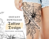 Compass Mandala Tattoo Design Women | Flower Bouquet Tattoo Drawing Stamps | Tattoo Stencil Flash Outline | Printable Female Tattoo Design