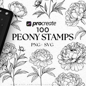 Paquete de 100 pinceles Procreate de peonía PNG Svg | Sellos Procreate | Flor de boda Svg | Flor de nacimiento Svg | Tatuaje de peonía | Archivos de corte de Cricut