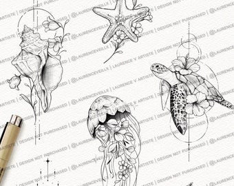 May include: A set of five black and white line drawings of sea life, including a seashell, a starfish, a jellyfish, a turtle, and a stingray. Each drawing is surrounded by a circle and includes floral elements.