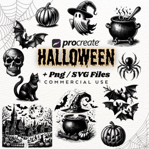 May include: A set of black and white Halloween illustrations featuring a ghost, a cauldron, a spider, a cat, a skull, a pumpkin, bats, and a haunted house. The illustrations are in a vintage style and are perfect for use in digital projects or for printing.