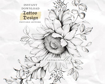 Tattoo Design for Women | Tattoo Drawing Stencil Outline | Ready to Download | Sunflower Leaf Wildflower Flower Botanical Tattoo Ideas