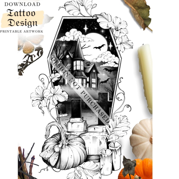 Design de tatouage | Téléchargement instantané | Maison Hantée Cimetière et Citrouille | Tattoo Stencil